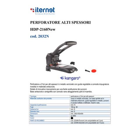 kangaro-perforatore-2-fori-hdp-2160new-fino-150-fogli-nero-foro-6-mm-2032n