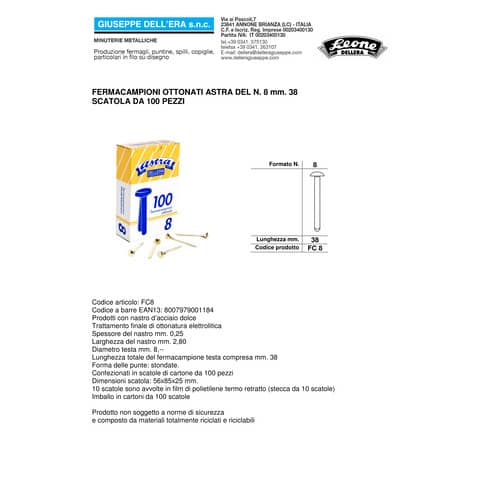 leone-dell-era-fermacampioni-leone-dellera-acciaio-testa-bombata-n-8-38-mm-ottone-scatola-100-pz-fc8