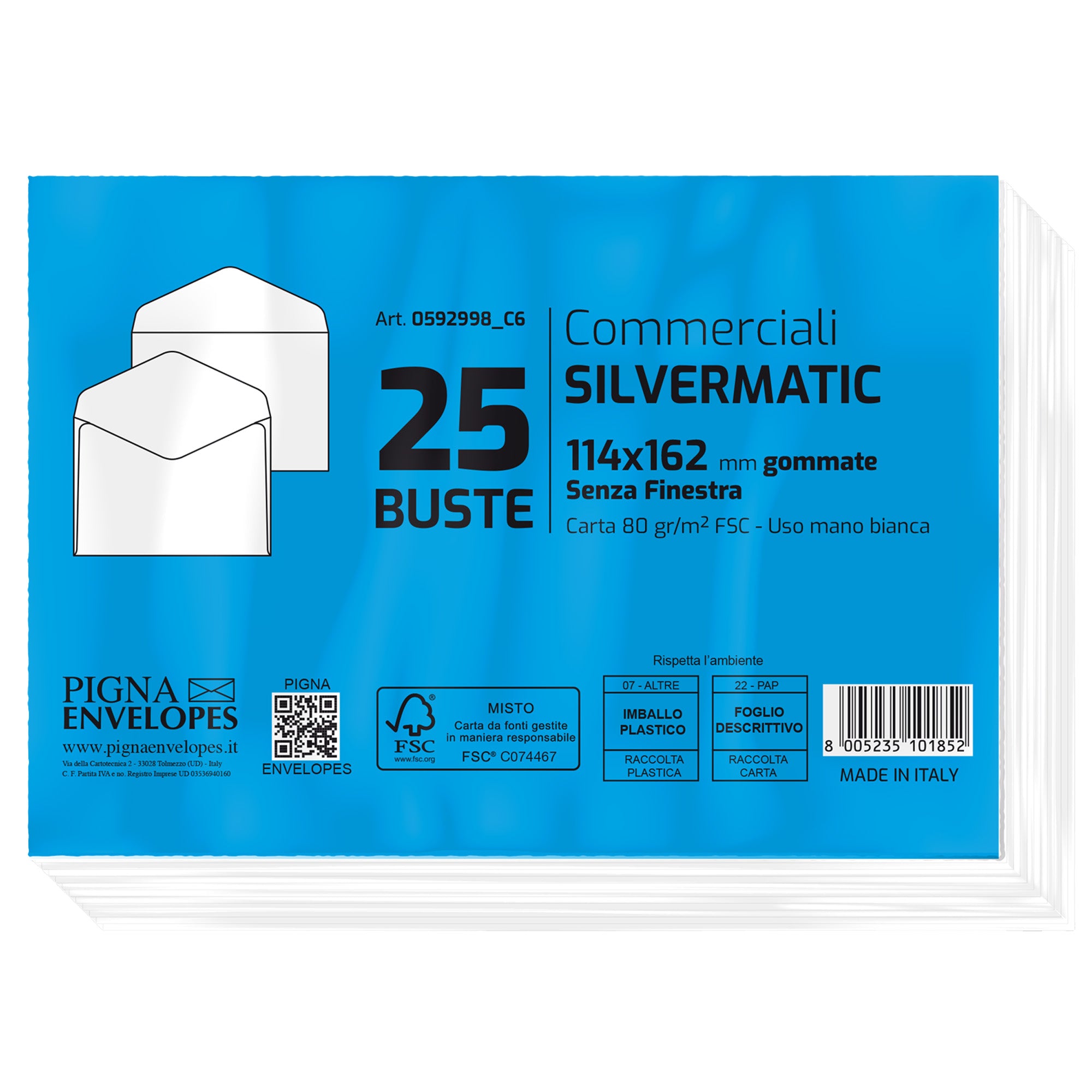 pigna-25-buste-silver-matic-fsc-gommata-bianca-s-finestra-114x162mm-80gr