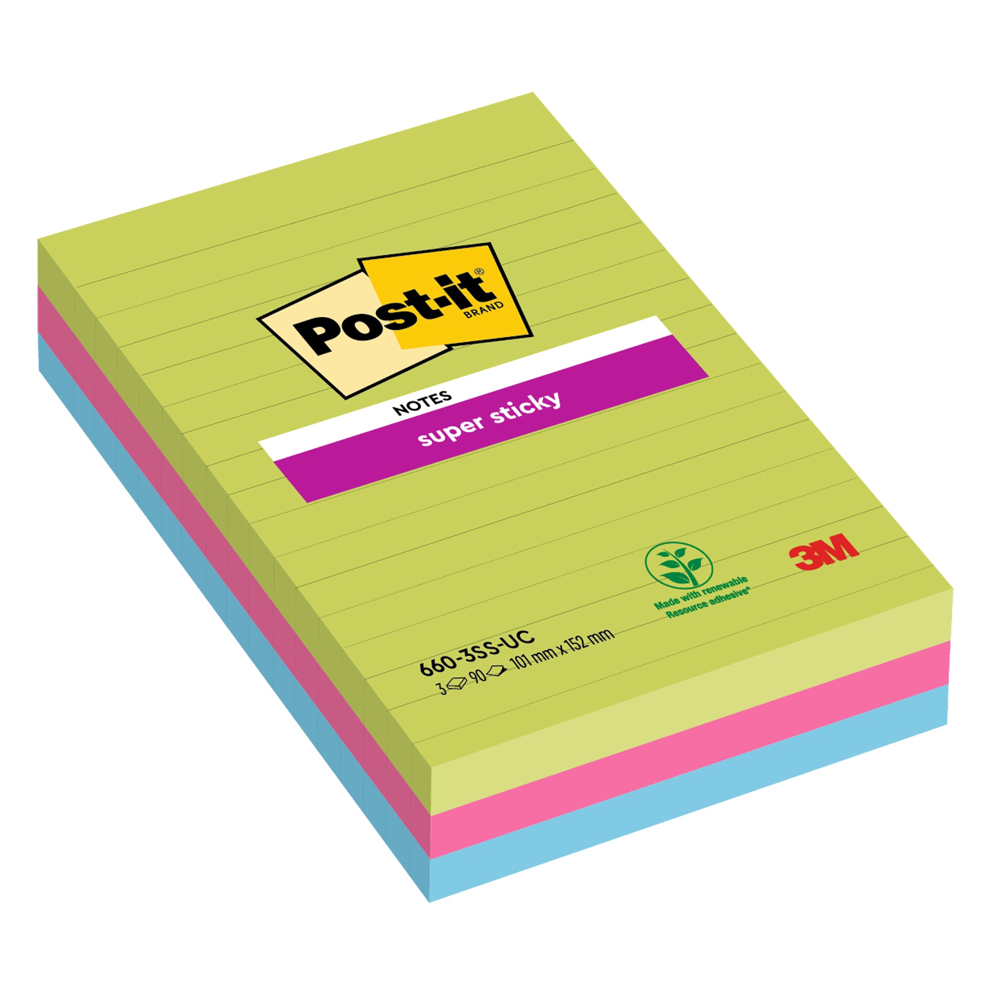 post-it-blocco-90foglietti-super-sticky-righe-101x152mm-660-3ssuc-colori-ultra