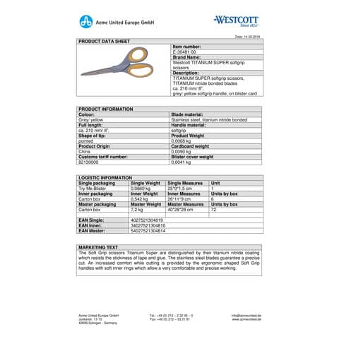 westcott-forbici-softgrip-titanium-super-asimmetriche-giallo-grigio-lama-21-cm-e-30481-00