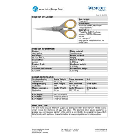 westcott-forbici-softgrip-titanium-super-simmetrica-giallo-grigio-lama-13-cm-e-30450-00