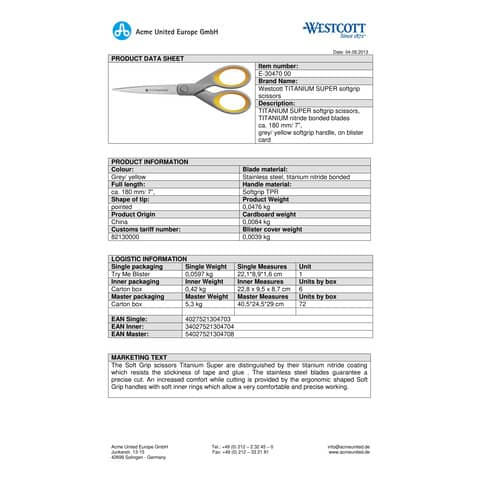 westcott-forbici-softgrip-titanium-super-simmetrica-giallo-grigio-lama-18-cm-e-30470-00